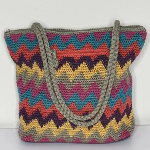The Sak Multicolor Zig Zag Striped Zippered Crochet Double Strap Handbag Purse