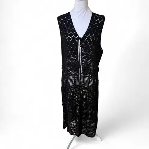 White Stag Y2K VINTAGE BLACK CROCHET KNIT LACE SHEER COVER UP DRESS X LARGE EUC