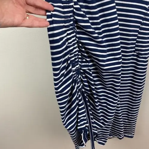 Toad & Co Muse Dress S Midi Stripe Navy Blue White Scrunch Ruche Tie Side V-Neck