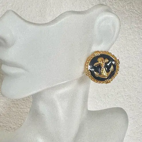 Vintage Navy Sailor Sweetheart Earrings Goldtone with Enamel Inlay Blue