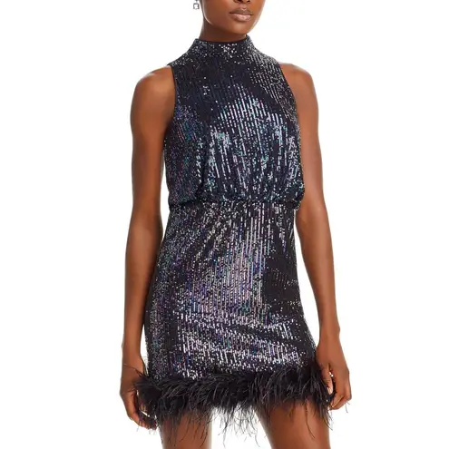 Eliza J Sequined Feather Hem Mini Dress Party Glam Mockneck Sleeveless US 6 NWT