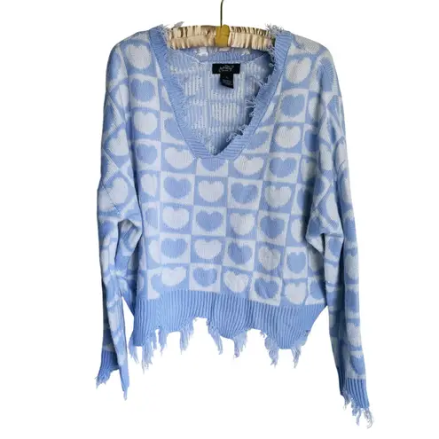 Just Polly Checker Heart Graphic Sweater Blue Deconstructed Fringe L Grunge Y2K Size L - Image 2