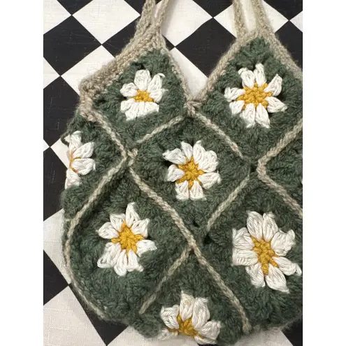 Handmade Crochet Daisy Flower Tote Bag Green White Yellow Boho Granny Square