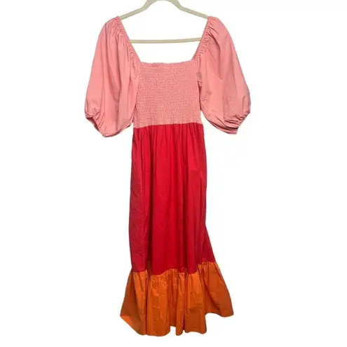 RHODE Eloise Colorblock Smocked Strawberry Multi Midi Dress Sz. S Pink