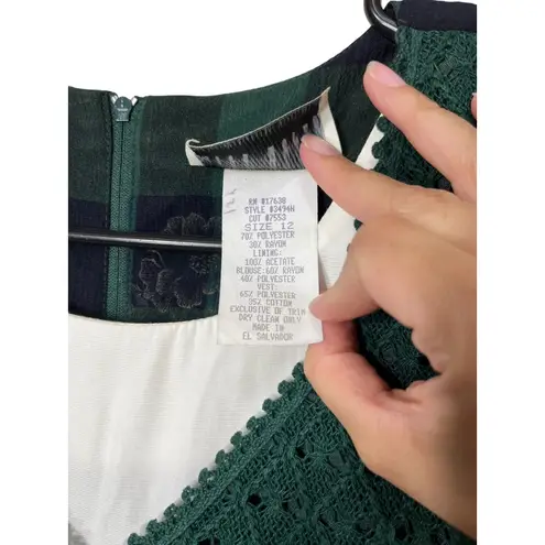 Vintage Miss Dorby Dress Green Plaid Floral Crochet Vest Layered Look Sz 12