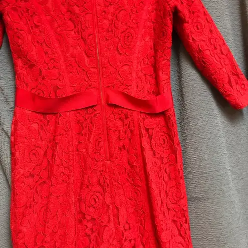 Taylor size 4 red lace cover dress with gros grain ribbon belt bow in front