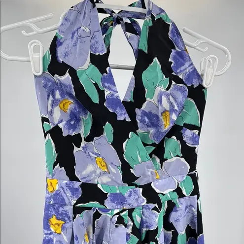 Unique Vintage Black and Blue Floral halter swing Dress 4 pin up 50s costume