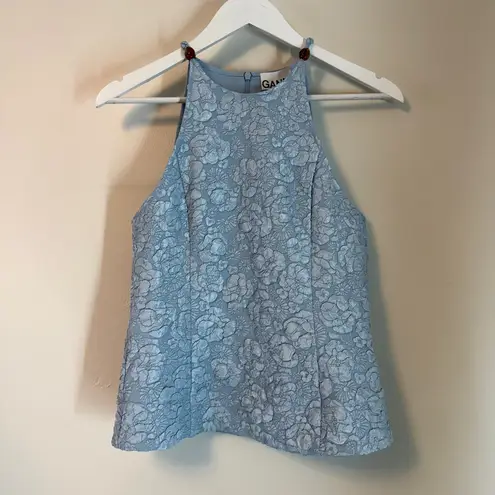 Ganni Pattern Beaded Jacquard Floral Top Sky Blue Sz 38/6 NWT Style F8022