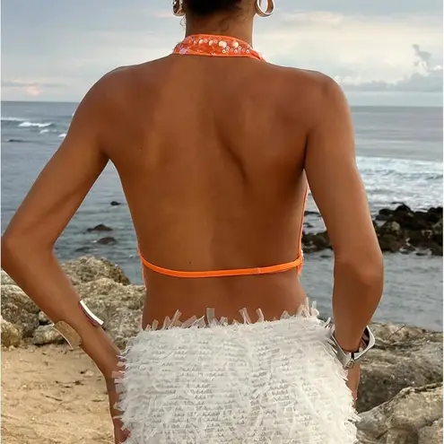NWT SOLY HUX Sequin Halter Crop Top Orange Glitter Deep Cowl Neck Small