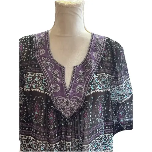 Studio Y Sheer Floral Paisley Beaded Blouse V Neck Sz XL Purple Whimsigoth