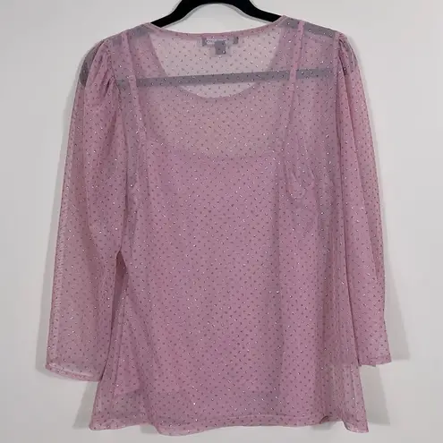 INC Barbie Glitter Dot Mesh Sparkle Sheer Camisole Pink 3/4 Sleeve Top Large