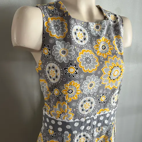 Handmade Gray Yellow Floral Polka Dot Midi Dress Mod Retro Style M