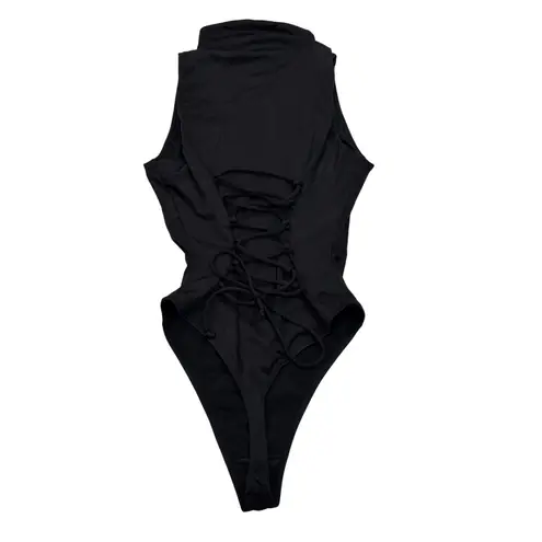 TA3 Black High Neck Zipper Lace Up Back Thong Slimming One piece Swimsuit Sz M Size M