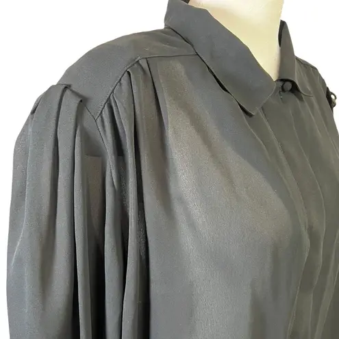 VTG 80s Shapely Black Sheer Long Sleeve Women Top Hidden Button Whimsygoth Sz 16