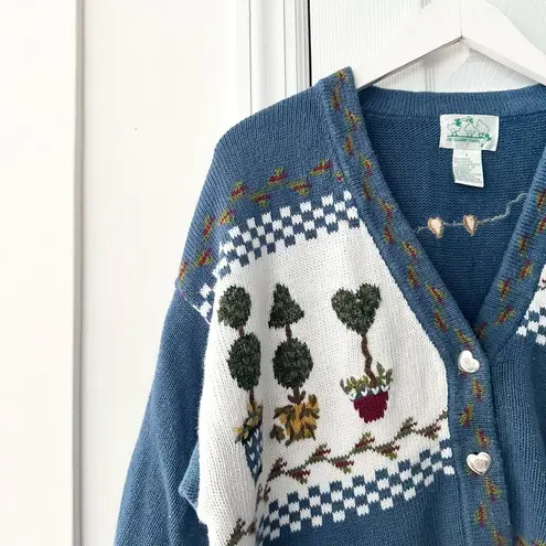 Quacker Factory  Vintage Blue Cottage Grandma Knit Heart Angels Miracles Cardigan