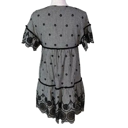 Zara TRF Size M Gingham Embroidered Mini Dress Tassels Boho Eyelet Babydoll Black Size M