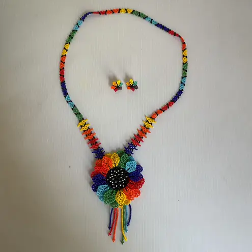 Sunflower Beaded Set Jewelry Huichol Folk Art Flower Artisan Handmade in Mexico Blue