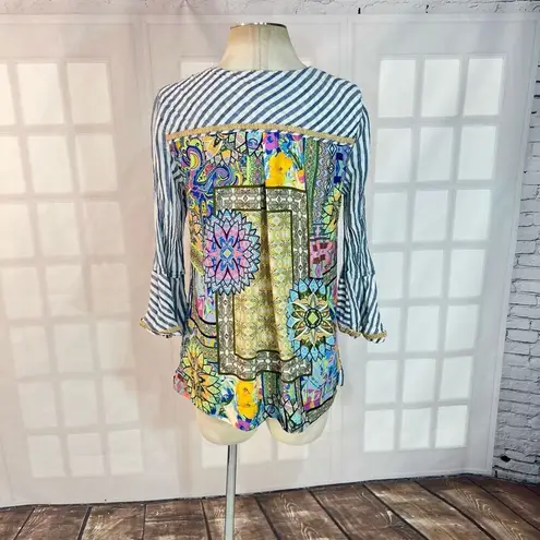 John Mark blue white stripe bell sleeve colorful print back blouse size small
