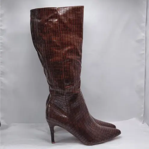 Alicepub Knee High Boots Women’s 9.5 Brown Croc Faux Leather Pointed Toe Zip