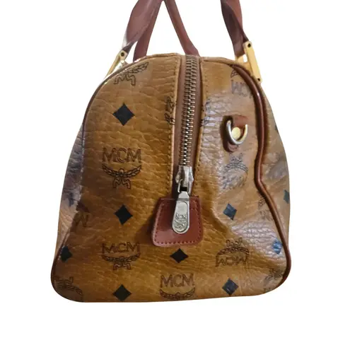 MCM Monogram Canvas Leather Trim Boston Speedy Bag Brown Gold Vintage Luxury