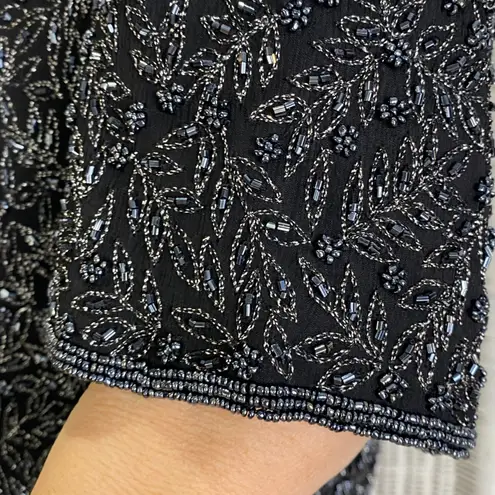 Papell Boutique intage 90s Evening Silk Beaded Top L Black Minimalist Glam