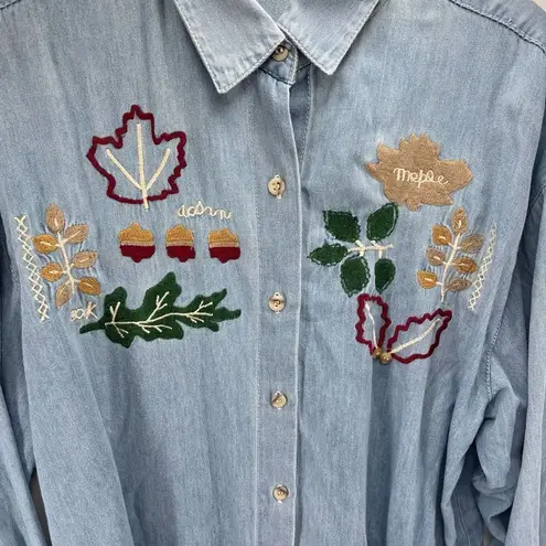 Vintage Blue Women's Button Up Shirt Embroidered Maple Acorn Oak Oversized  XL