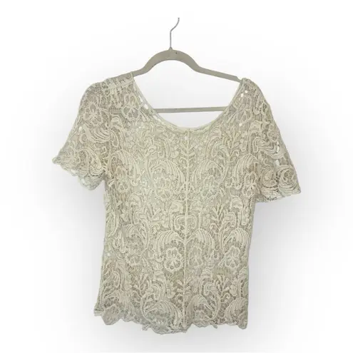 Boho Lace Crochet Top Ivory Scallop Hem Sheer Floral Festival Romantic Small