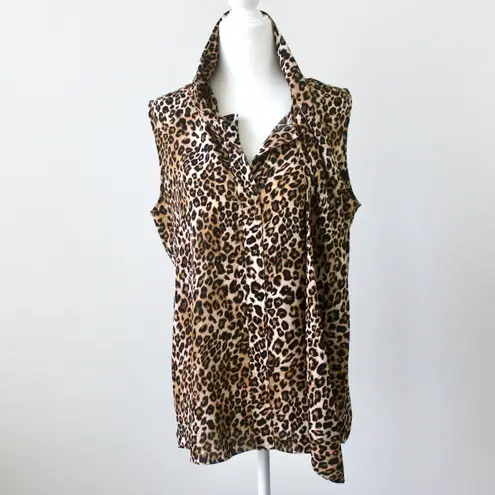 Tahari Brown Leopard Print Scarf Bow Sleeveless Blouse Top Medium