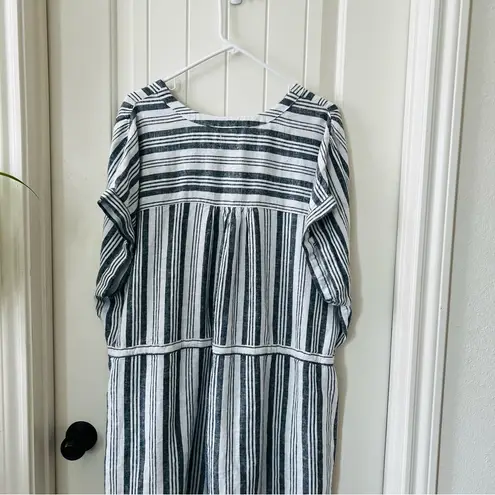 Time And Tru Linen Rayon XXXL 3XL Blue White Striped Sun Dress Pockets Tie Waist