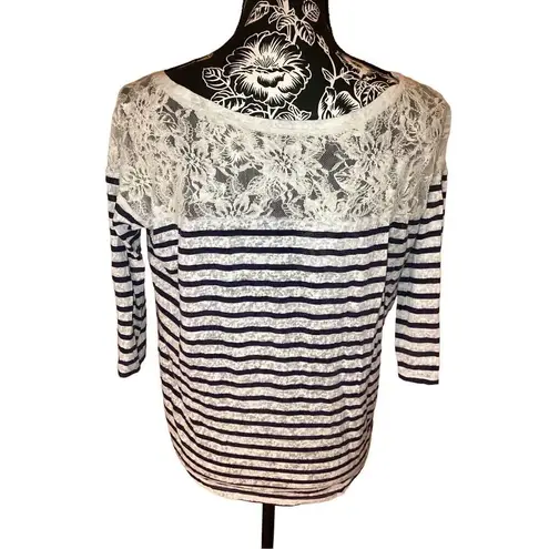 Striped Casual T Shirt School Preppy Lace Everyday Blue Size L