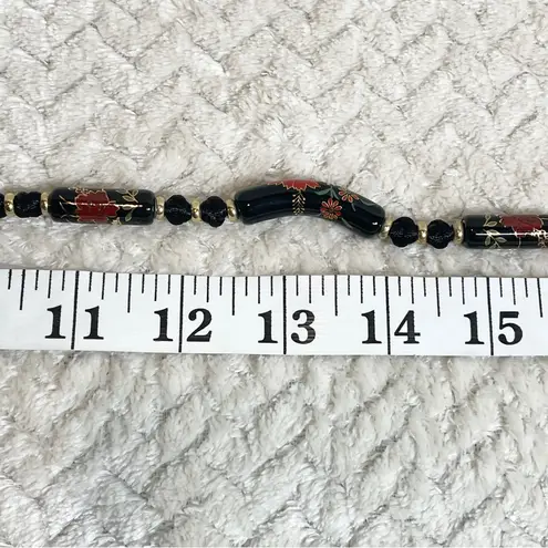 Vintage Black Floral Ceramic Bead Cord Necklace Witchy Goth Romantic