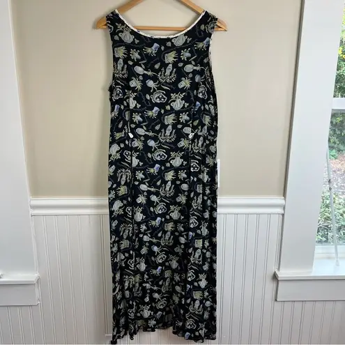 TT Mar Vintage Midi Dress Whimsical Botanical Print Rayon 90s Grunge Grannycore Black Size M