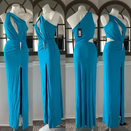 Halston Heritage Halston Ivanna Gathered Asymmetric Cut-Out Gown, Aqua/Blue Size 4 New w/Tag