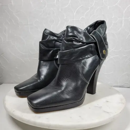 Facade Zena Ankle Boots Womens 10 Black Leather Gathered Snap Platform Heeled