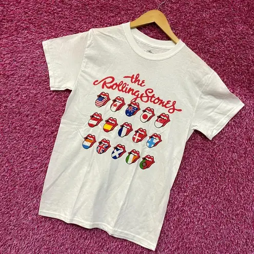The Rolling Stones white Hot Lips around the World Logo Tee Small