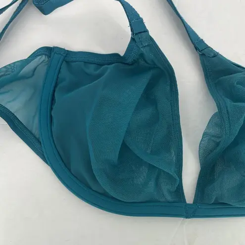 Parade Teal Blue Semi Sheer Plunge Underwire Bra sz 32DD Triangle Cup