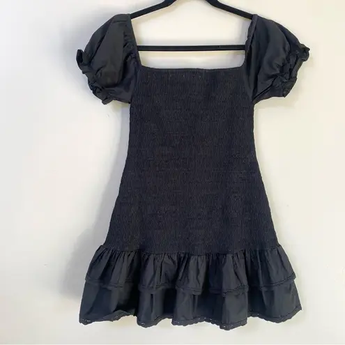 Maia Bergman Ada Smocked Black Puff Sleeve Drop Waist Mini Dress Size Small