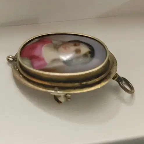 Victorian Antique Brooch Pendant Hand Painted Porcelain Portrait Gold Tone Oval Pink