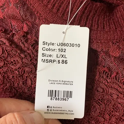 Suzanne Betro Lace Collar Burgundy Sweater Size L/XL NWT
