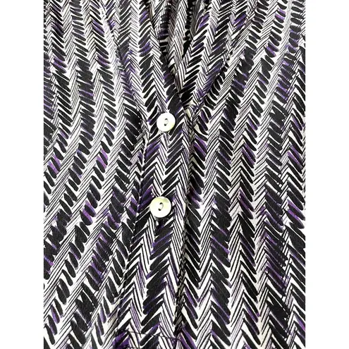 Amour Vert Crepe De Chine Silk Dash Print Blouse Tunic Size Medium Purple Black