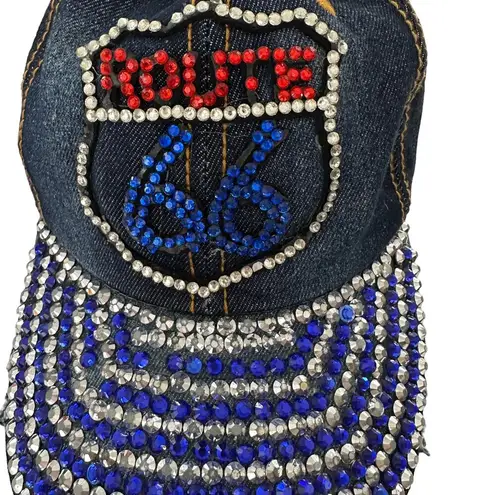 Route 66 Denim with Rhinestones Baseball Cap Retro Y2K USA American Flag