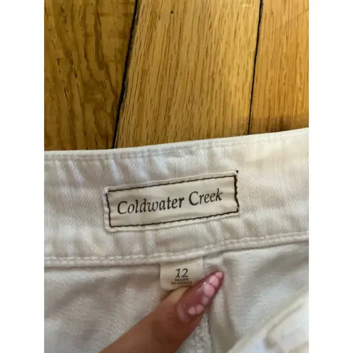 Coldwater Creek White Jeans Embroidered Frayed Hem Wide Leg Size 12