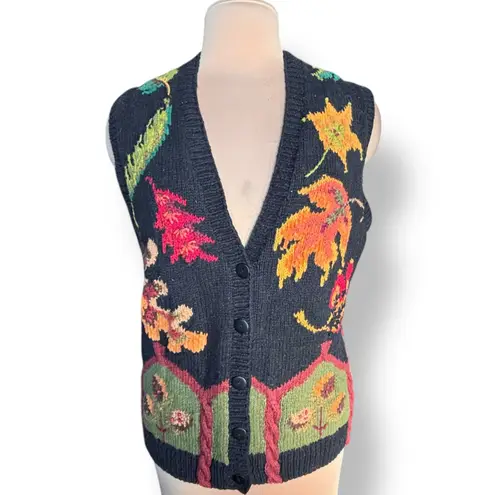 Vintage Marisa Christina Hand Knit Black Leaf Sweater Vest Black Autumn Cozy Size M
