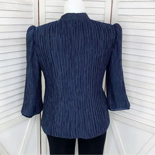 Vintage Pierre Labiche Plisse Satin Scrunch Pleated Puff Sleeve Blouse Blue 16 Blue