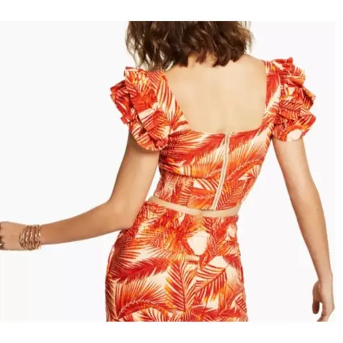 INC Womens Summer Palm Print Ruffled Crop Top With Back Zipper Size M Red Size M