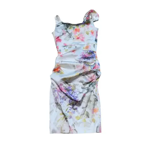 Rolando Santana White Floral Print Satin Ruched Sleeveless Square Neck Dress S