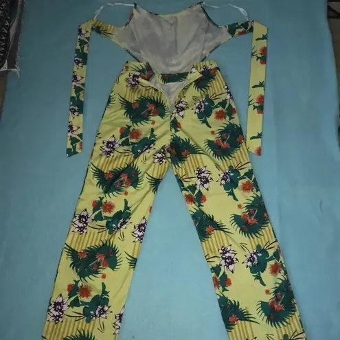 TROPICAL print jumpsuit cut out sides ties in back sexy slinky NEW size S Yellow