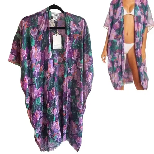 NEW Pool to Party Floral Fringe Swim COVER UP KIMONO Tropical Purple 100% Cotton Size undefined