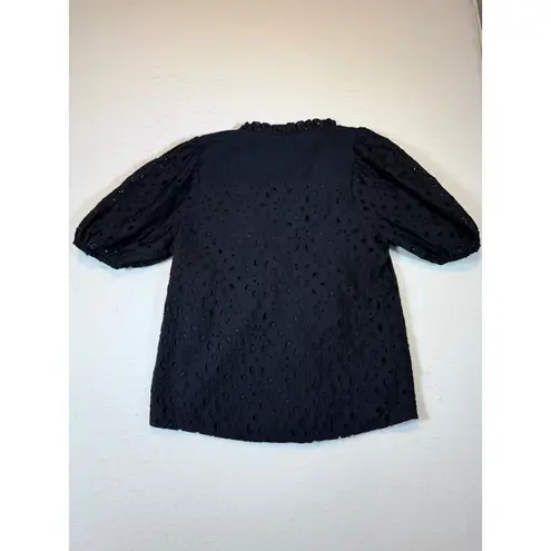 Pretty Garden Black Eyelet Puff Sleeve Ruffled Neck Button Up Blouse Top M Size M