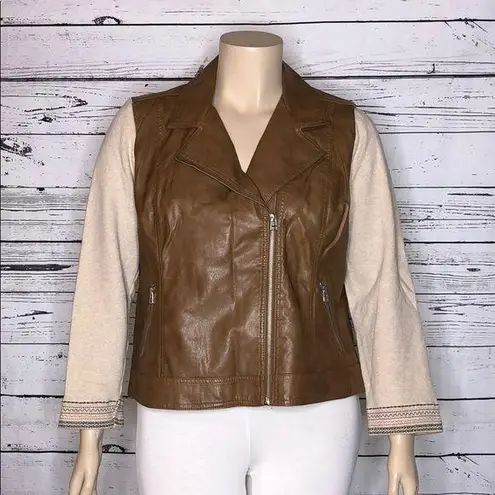 Baccini Size XL Brown Tan Faux Leather Knit Long Sleeve Moto Style Jacket